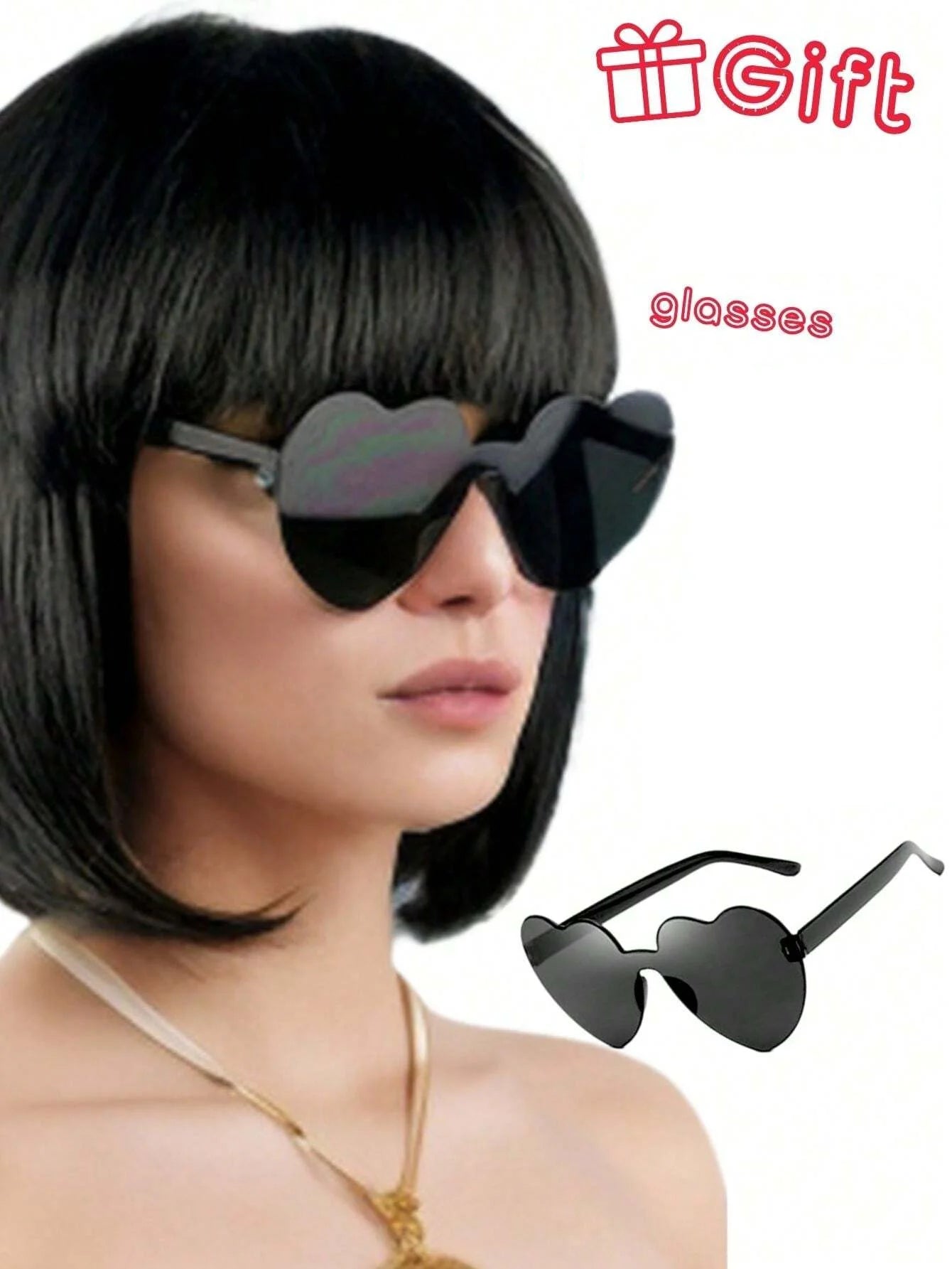 Halloween Party Prop Colorful Short Straight Bobo Wig, Funny & Novelty, With Free Frameless Heart-Shaped Sunglasses