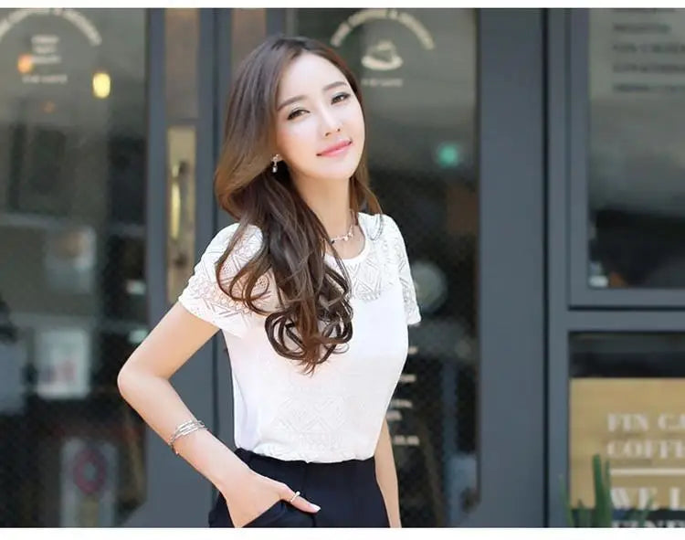 1pcs Summer Women Lace T-Shirt Lady Short-Sleeve Round-Neck tShirt Female Sexy Slim Fit  Tee Girl Chiffon Shirt Fashion Pullover