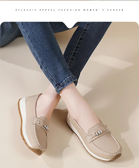 Women's casual flat shoes, 100 genuine leather shoes, lightweight spring and summer loafers, walking mom shoes