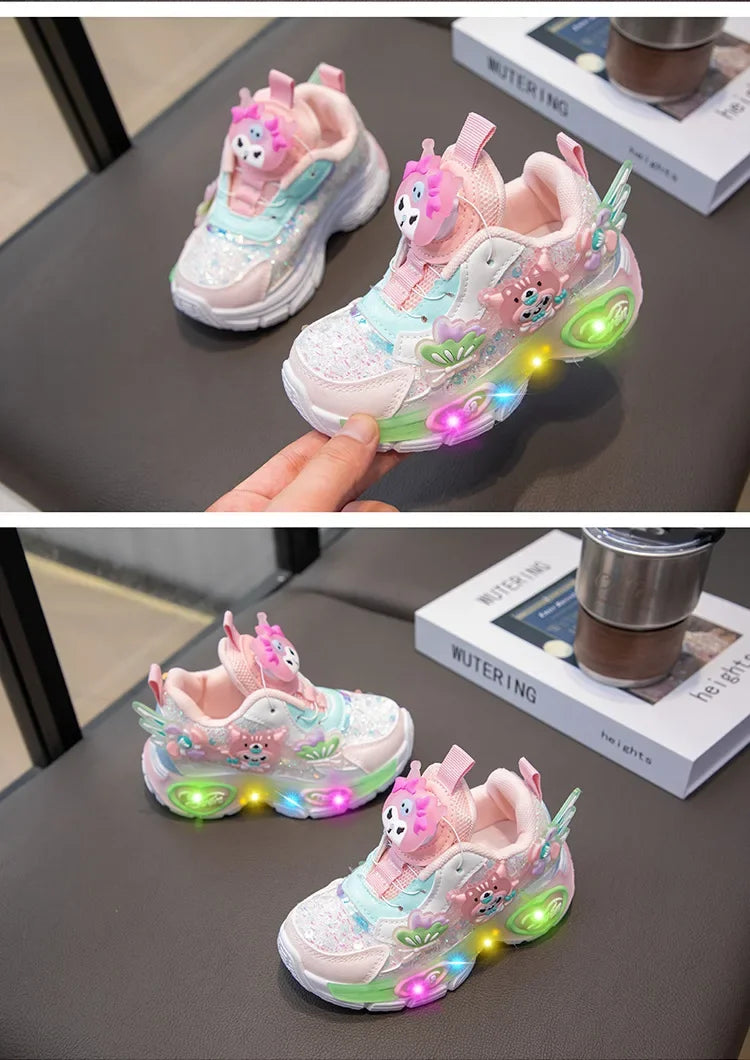 Girls Cartoon Rotating Button Sports Shoes Soft Bottom Kuroko Light up Dad Shoes Breathable Rubber Spring Season Kids Sneakers