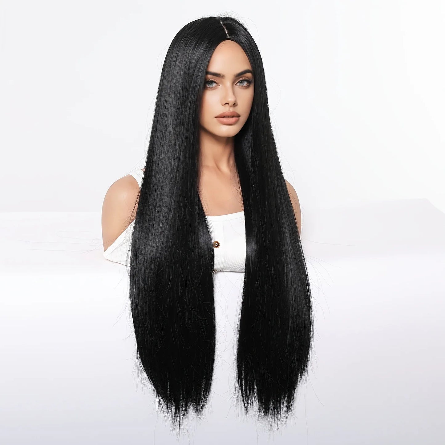 Elegant 28 Inch Black Straight Synthetic Wig for Women, High Temperature Fiber, 150% Density, with Rose Net Cap, for Parties and