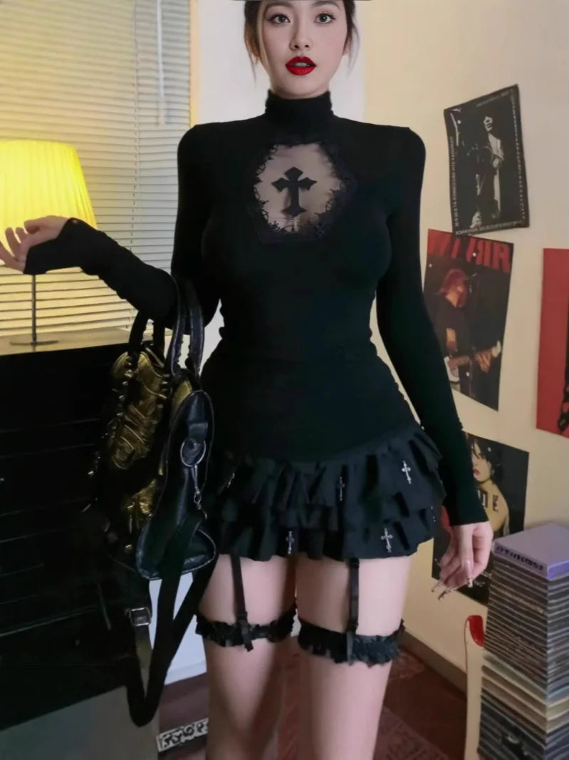 Turtleneck Top Y2k Clothes Black Gothic Cross Hollow Slimming Bottom T Shirt for Women Long Sleeve Sexy T-shirt Girls Tops