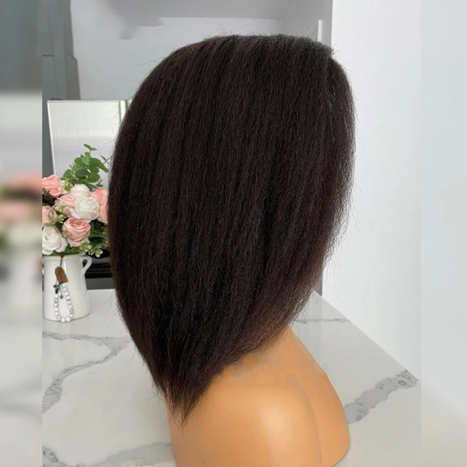 Kinky Yaki Straight Bob Lace Frontal Pre Cut Wigs 100% Human Hair Glueless Ready To Wear Short Bob HD Transparent Cheap Wigs