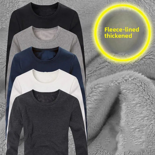 Men's Fleece Lined Thickened Long Sleeve T-Shirt round Neck Base Shirt Autumn Clothes Winter Long Sleeve Warm Underwear