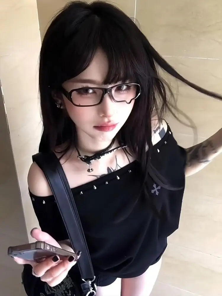 Seeslim Black Off Shoulder Cross Women's T-shirt Short Sleeve 2000s Clothes Y2k Summer Tops Tees Female Clothing Chic Vintage