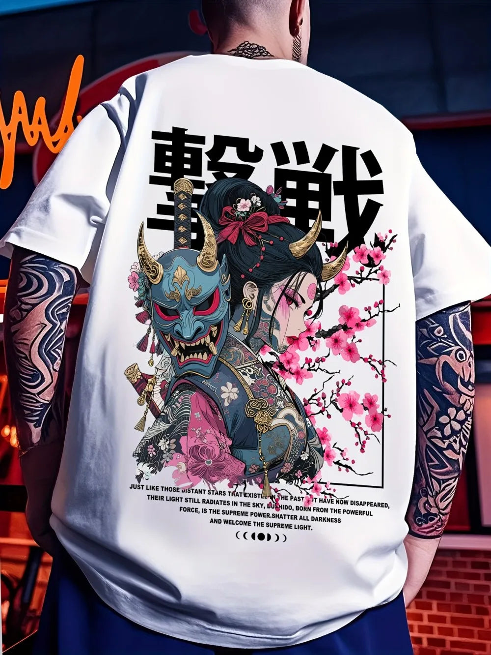 European and American men's summer ghost warrior cherry blossom print soft and breathable round neck T-shirt outdoor street top