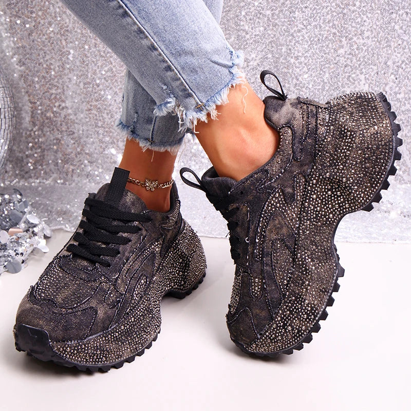 Luxury Rhinestone Chunky Sneakers for Women Fashion Purple Denim Platform Sports Shoes Woman Non Slip Thick Sole Vulcanize Shoes