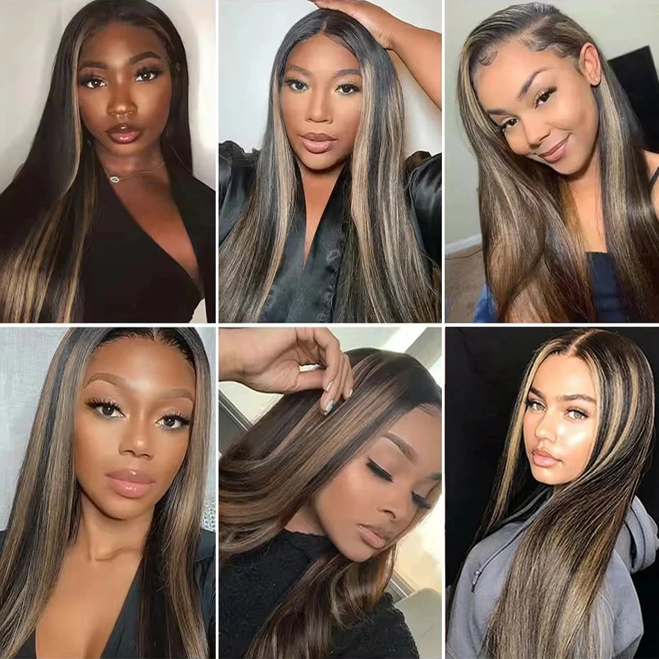 1B/27 Black and Blonde Highlights Bone Straight 13x4 HD Lace Front Human Hair Wigs 200% Brazilian Colored Lace Frontal Wig