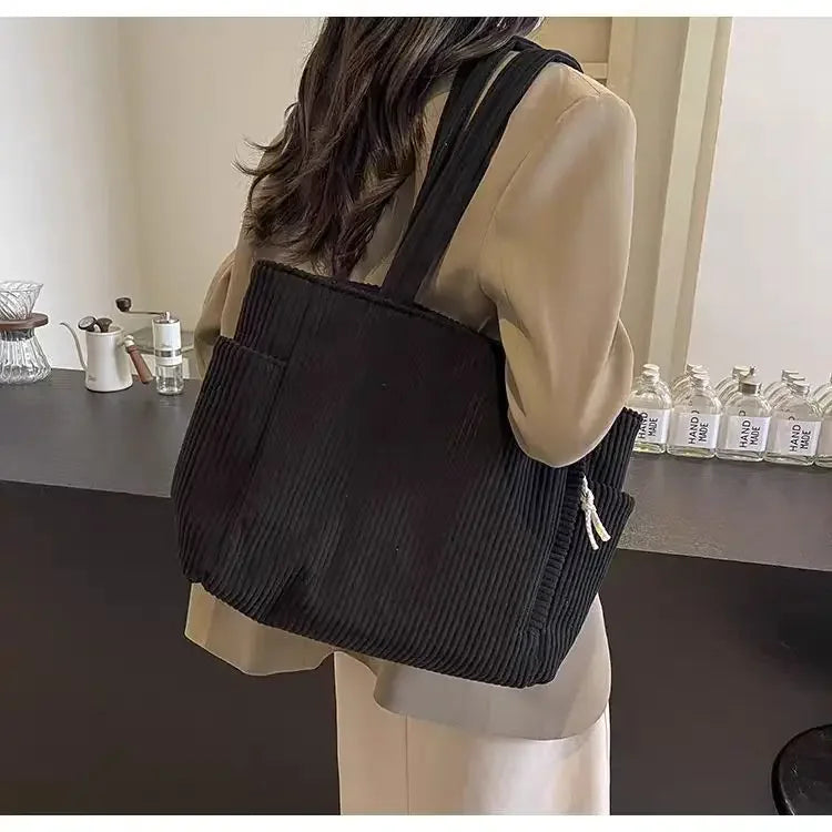 Corduroy Daily Handbag Fashionable Versatile Shoulder Bag for Women Multi-Compartment Zipper Closure Commute Women's Tote Bag