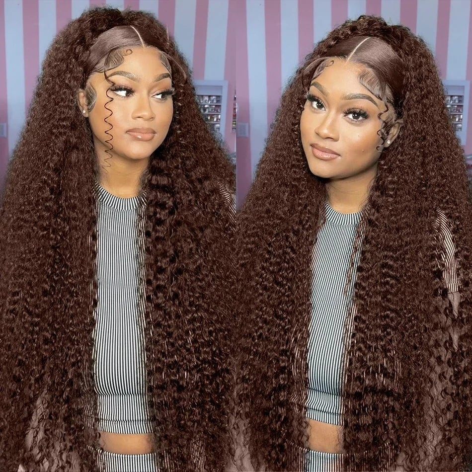 200 Density Chocolate Brown Deep Wave Lace Front Human Hair Wig 38Inch Color Hd Lace Frontal Wig For Women 13x4 Water Curly Wigs