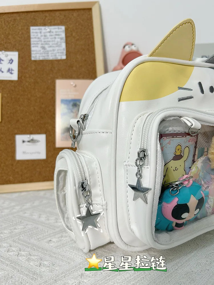 Women's Fashion Backpacks Y2K Korean Japan Kawaii Cat Ita Bag PU Cute Girls Transparent Pocket Aesthetic Shoulder Crossbody Bags