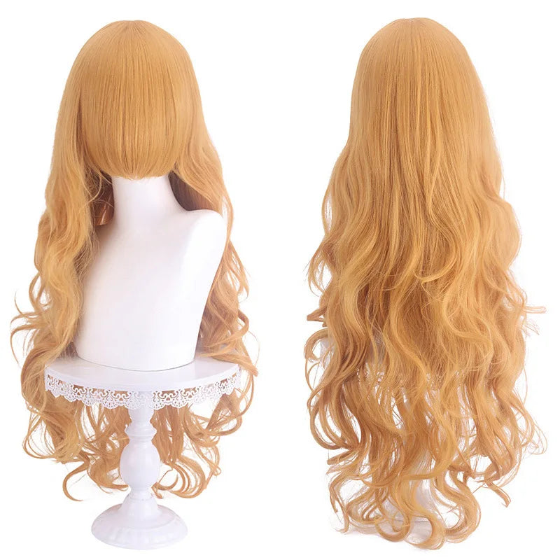 Diagonal Bangs Curly Long Wave Wig for Women Heat-resistant Fiber Synthetic Wig for Daily Cosplay