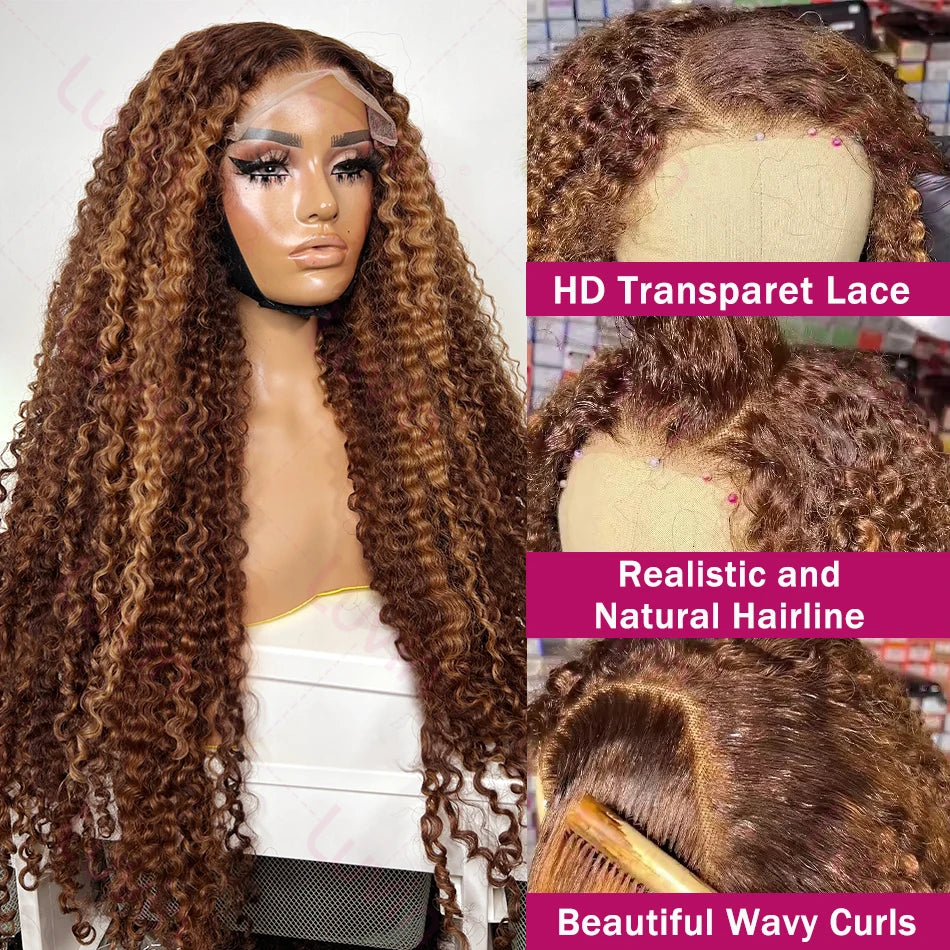 Curly Colored Highlight Wigs Human Hair Deep Wave 13x6 Hd Lace Frontal Wig 18 36Inch 4/27 Ombre Brown Blonde Lace Front Wigs