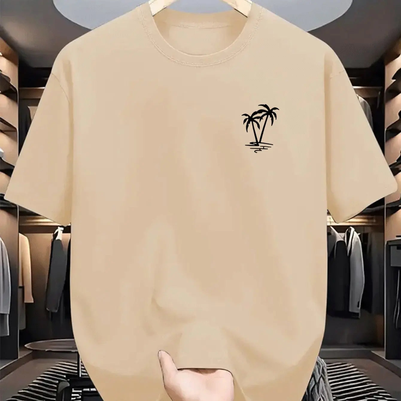 Men's summer 100% cotton fashionable casual loose coconut tree pattern printed sports round neck short sleeved T-shirt top