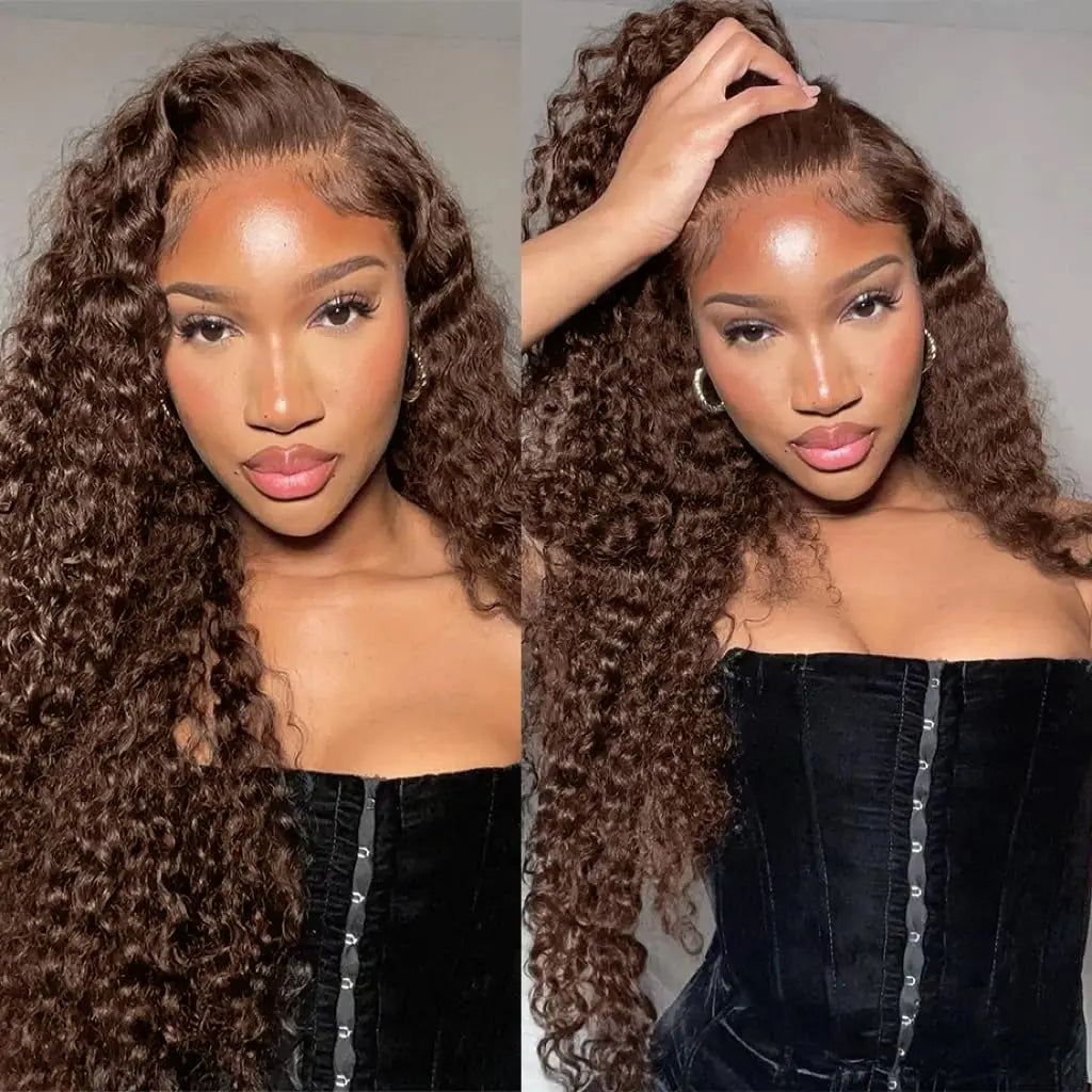 200 Density Chocolate Brown Deep Wave Lace Front Human Hair Wig 38Inch Color Hd Lace Frontal Wig For Women 13x4 Water Curly Wigs