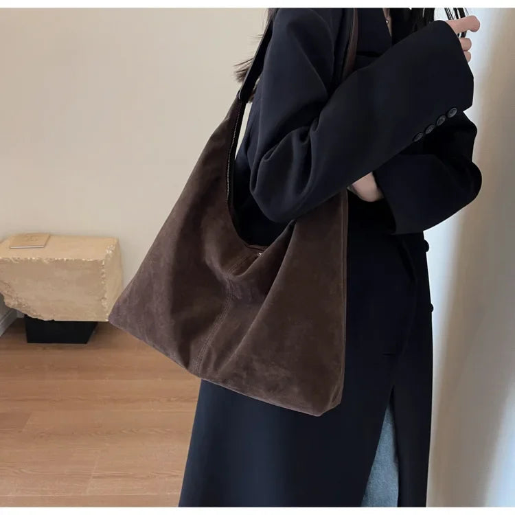 Vintage Suede New Large Capacity Women Tote Bag 2025 Autumn Winter Commute Shoulder Crossbody Bags Fashion Trend Underarm Bags