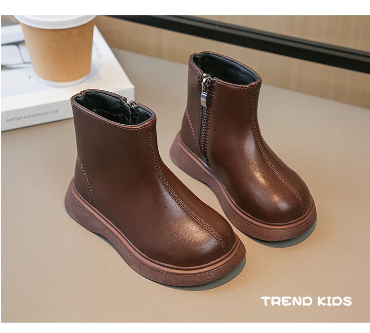 Children Fashion Boots Simple Girls Ankle Boot Black Kids Short Leather Boots Side Zipper Thick Bottom Autumn Winter 2024 New