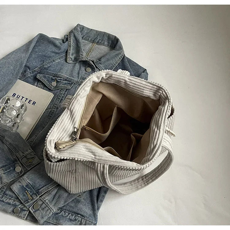 Corduroy Daily Handbag Fashionable Versatile Shoulder Bag for Women Multi-Compartment Zipper Closure Commute Women's Tote Bag