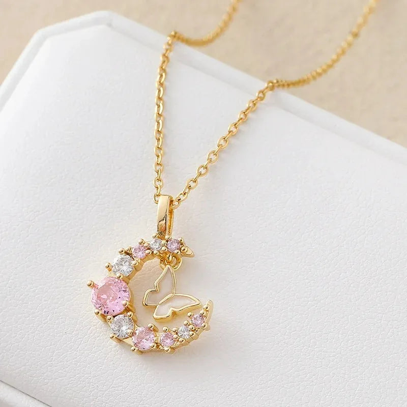 New Korean Fashion Butterfly Moon 2025 Necklace Women's Stainless Steel Cute Collar Chain High End Elegant Jewelry Girls Gift