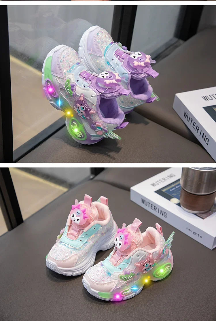 Girls Cartoon Rotating Button Sports Shoes Soft Bottom Kuroko Light up Dad Shoes Breathable Rubber Spring Season Kids Sneakers