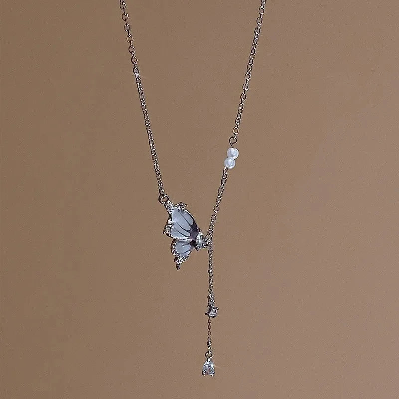 2025 Trendy Butterfly Tassel Zircon Pendant Necklace Crystal Chain Punk Party Statement Jewelry for Women Girls