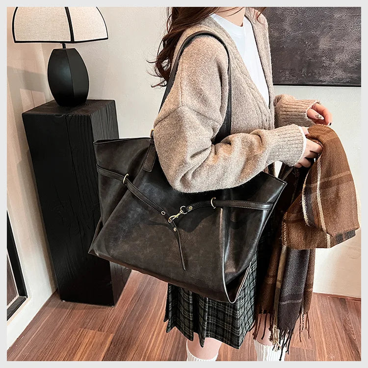 Large Capacity Winter Lady Shoulder Bag Vintage Casual Girl Tote Bags Y2K Pu Leather Female Handbags Women's Commuter Bag Purse