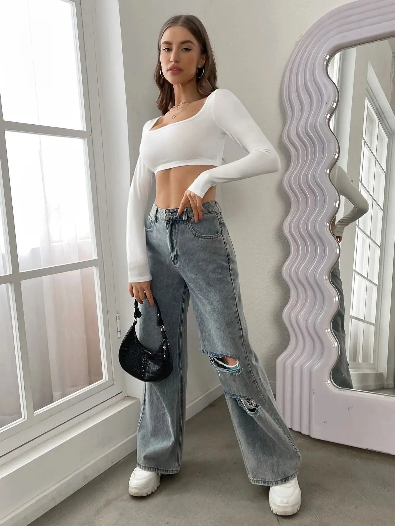 White T Shirt Long Sleeve Sexy Crop Top Womens Y2k Clothes Summer Autumn Corset Knitted Elastic Sport Short T-shirts for Women