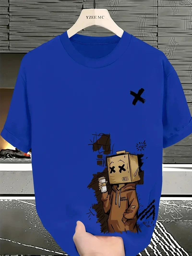 Men's 100% pure cotton fashionable casual sports loose trendy doll graffiti printed round neck short sleeved T-shirt top