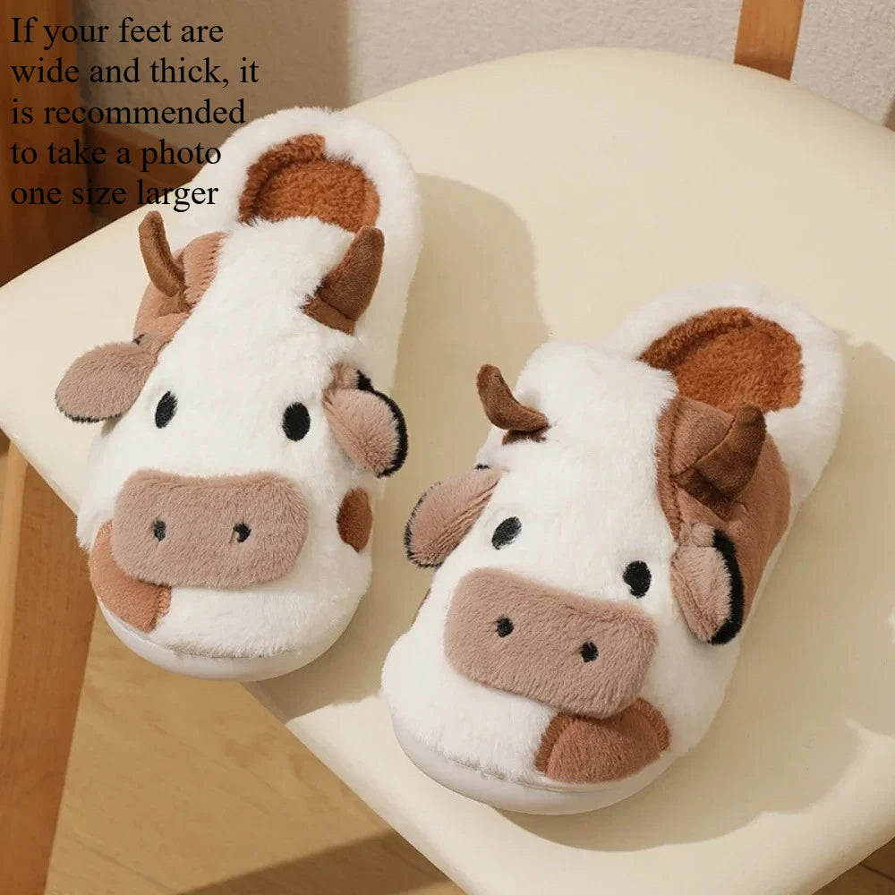 Winter Home Slippers for Couples Warm Plush Neutral Cartoon Cow Indoor Anti Slip Comfortable Cotton for Men Women