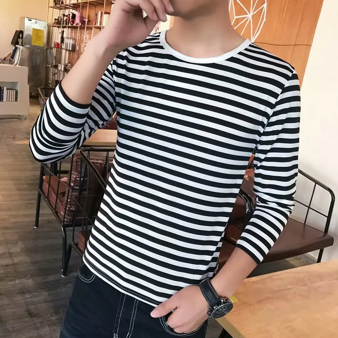 Men's Long Sleeve T-shirt 2020 Spring Autumn New Stripe Clothes Korean Trendy Basic Layer Top Autumn Wear For Men