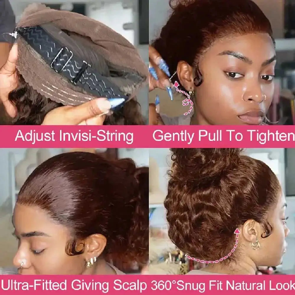 Invisible Strap 360 Full Lace Glueless Wig Chocolate Brown Deep Wave Frontal Wig Hidden Water Wave Lace Front Wig Human Hair