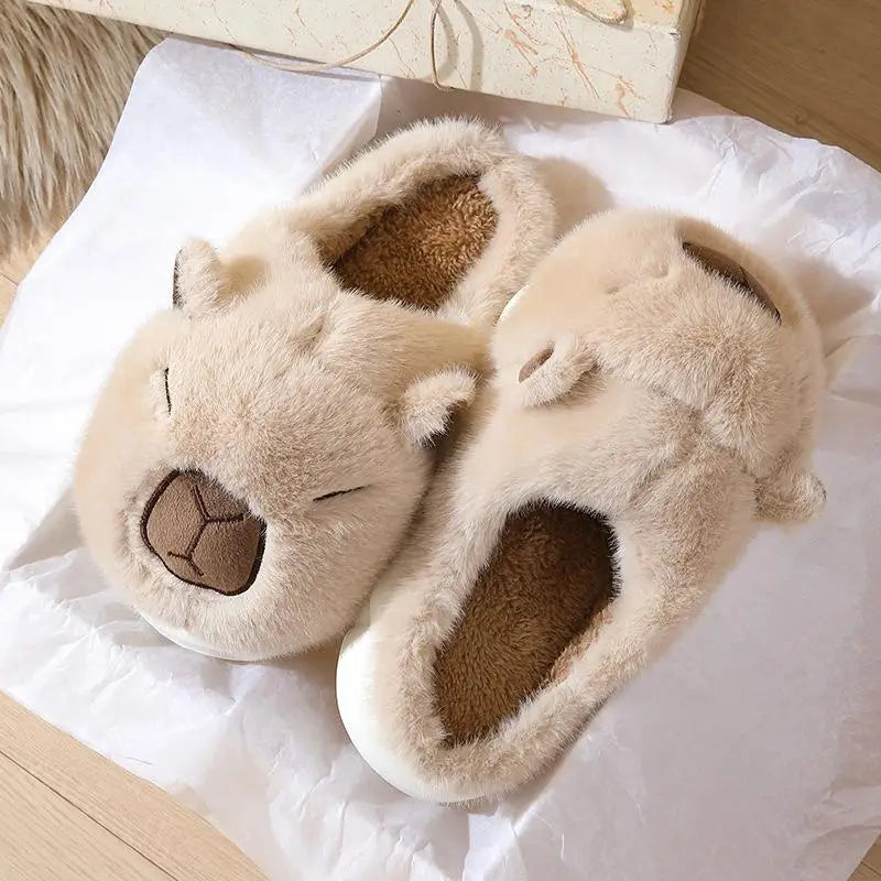 Cute Cartoon Capybara Cotton Slippers Women 2025 Winter Soft Thick Bottom Indoor Couple Slides Warm Faux Fur Bedroom Slippers