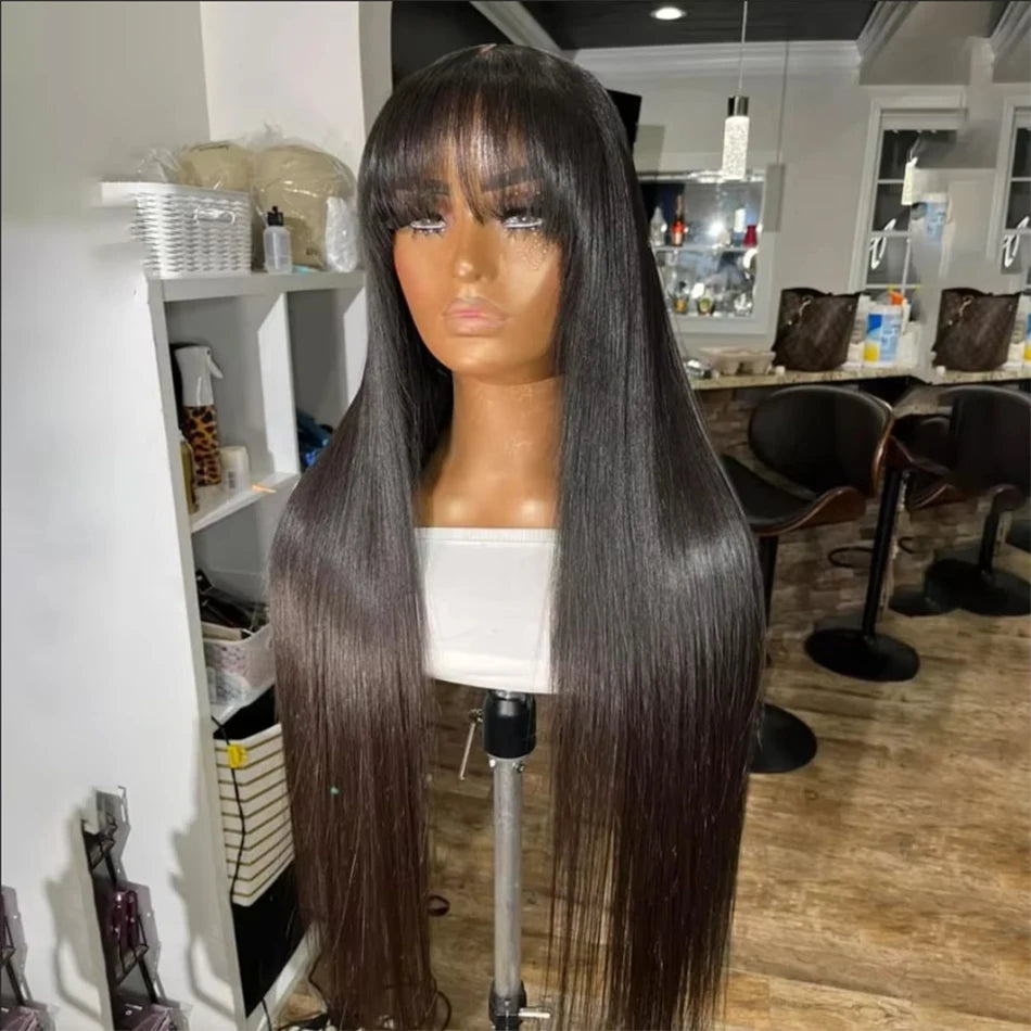 100% Human Hair Wigs Wear Go Glueless Straight Wig With Bangs Natural Black Color Straight Machine Made Wig with Fringe Bobbi
