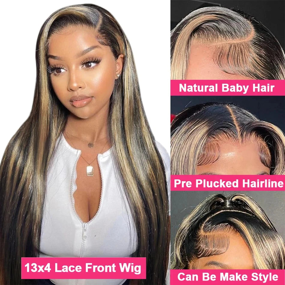 1B/27 Black and Blonde Highlights Bone Straight 13x4 HD Lace Front Human Hair Wigs 200% Brazilian Colored Lace Frontal Wig