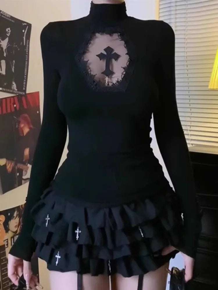 Turtleneck Top Y2k Clothes Black Gothic Cross Hollow Slimming Bottom T Shirt for Women Long Sleeve Sexy T-shirt Girls Tops