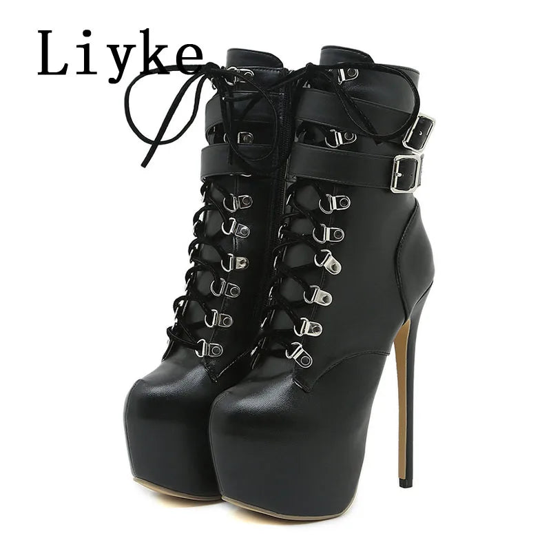Liyke Autumn Winter Platform Boots For Women Sexy Round Toe Buckle Strap Pole Dance High Heels Pumps Fashion Lace-Up Runway Shoe
