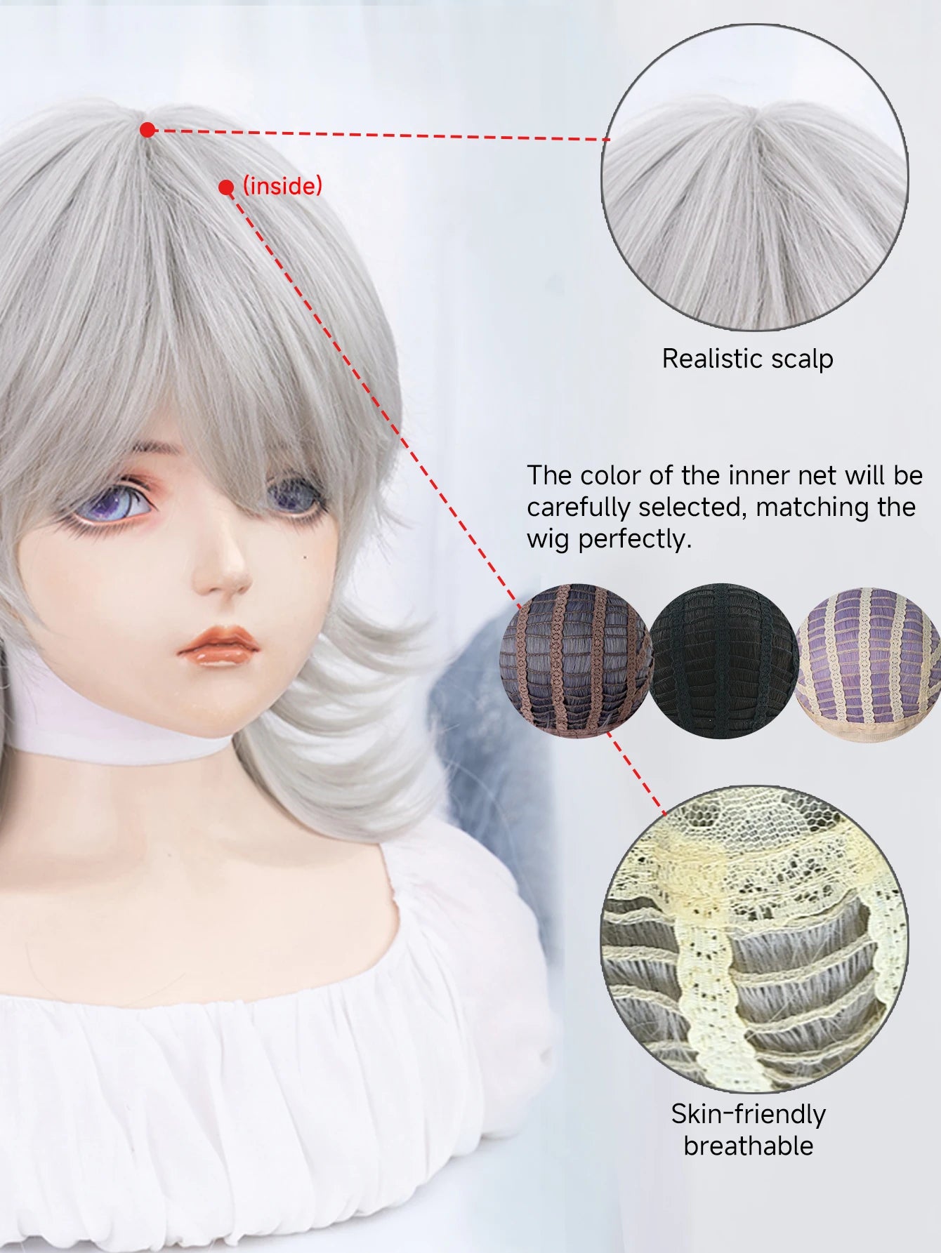 16Inch Silver White Color Handsome Synthetic Wig With Bang Medium Natural Wavy Hair Wig for Man or Women Cosplay Heat Resistant