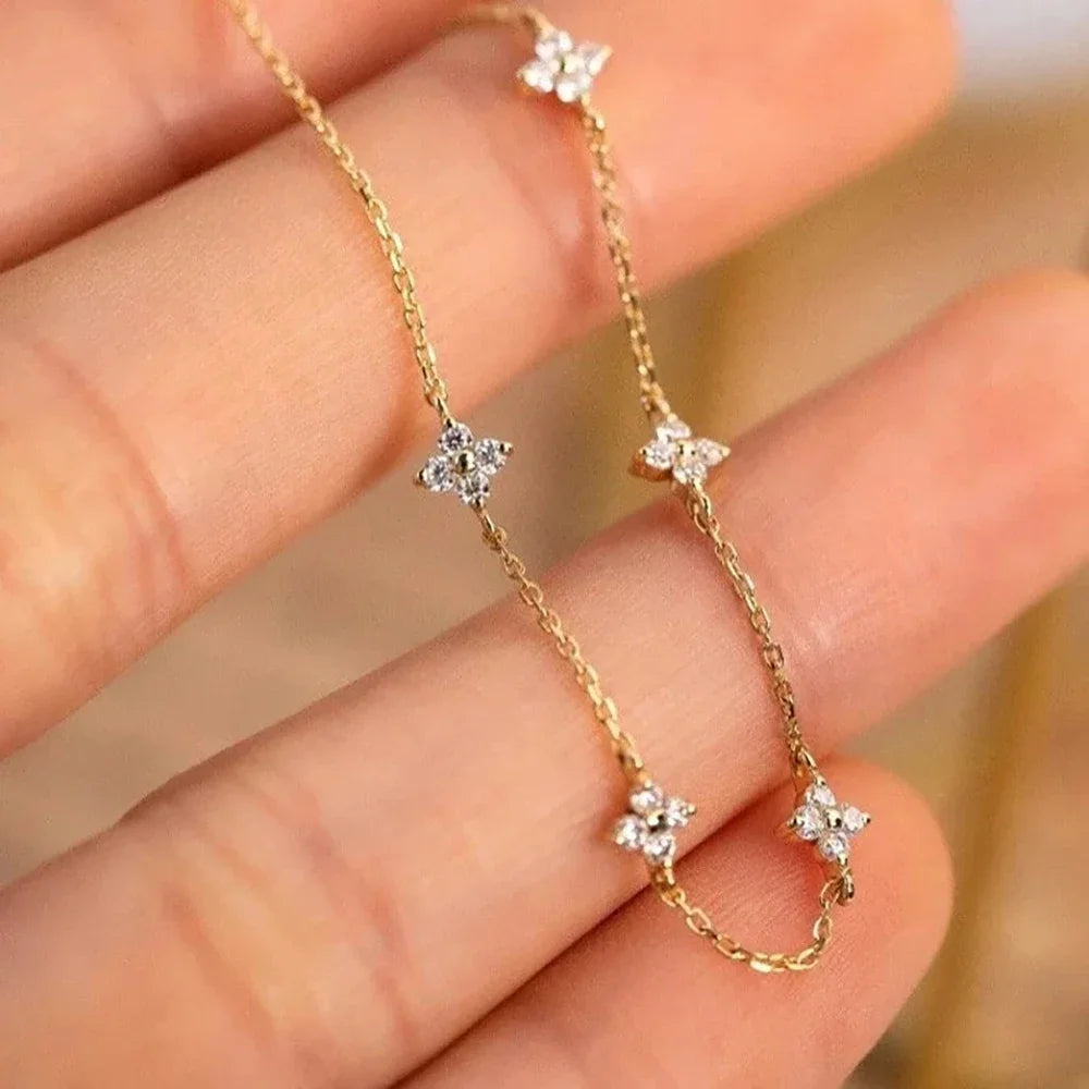 925 Silver Plated Four-leaf Flower Zircon Chain Necklace for Women Luxury Collar Charm Necklaces 2025 Trend Jewelry