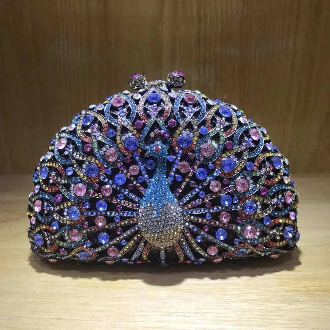 Women Peacock Animal Multicolored Clutch Bag Diamond Crystal Dinner Party Gala Handbag Wedding Bridal Birthday Gift Cute Purse