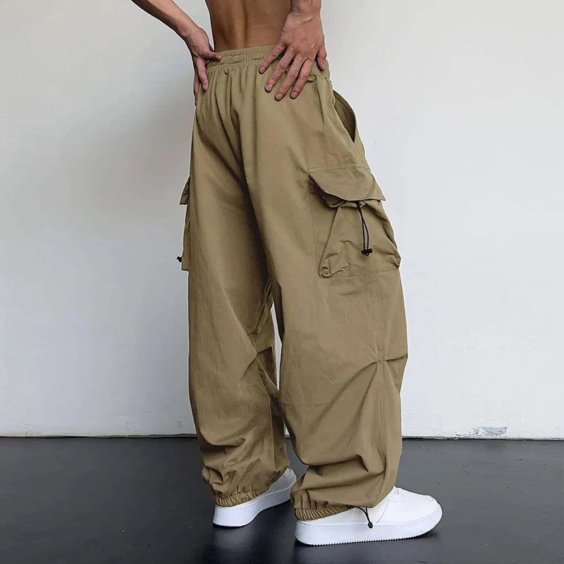 Men's Casual Cargo Pants Fashion Streetwear Classic Man Straight Wide-leg Pants Drawstring Workwear Trendy Loose Cargo Trousers