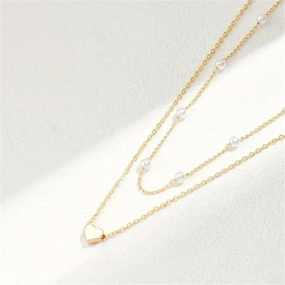 2025 New Women's Pearl Necklace Set 14K Gold Fashion Love Heart Pendant Waterproof Hypoallergenic Collarbone Neck Chain Jewelry