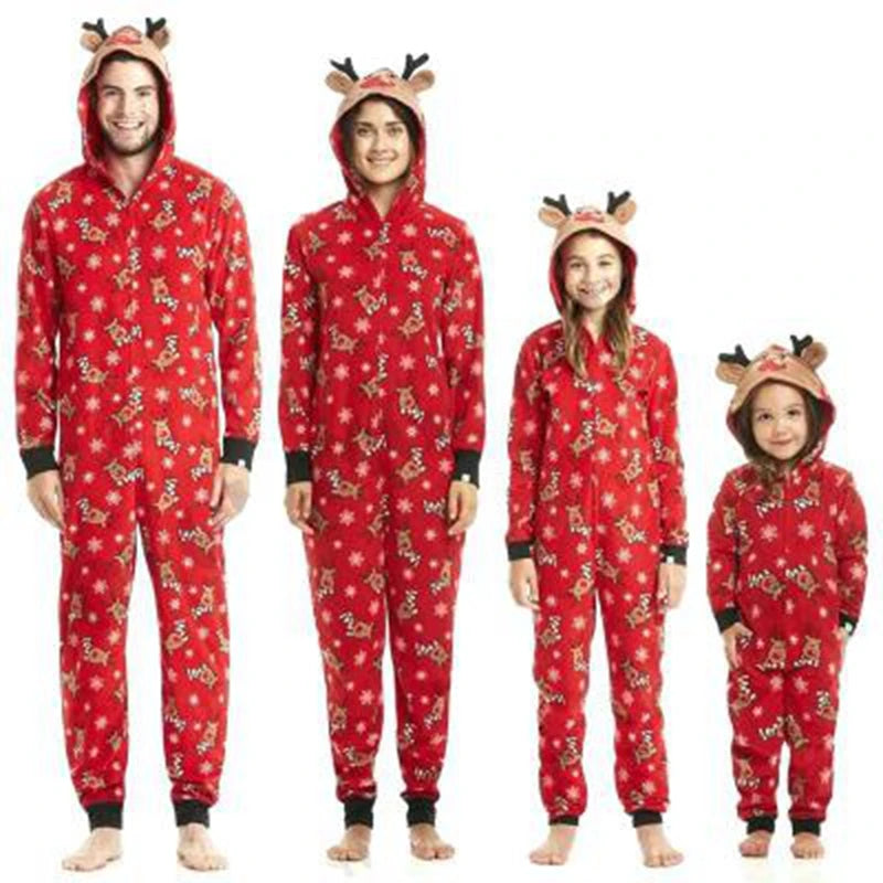 Christmas Family Matching Onesie Elk Print Cute Soft Jumpsuit Mom Dad Kids Clothing Sets Hooded Zipper Overall Xmas Look Pyjamas
