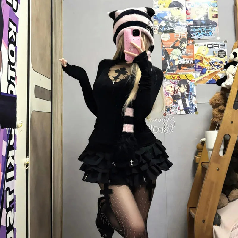 Turtleneck Top Y2k Clothes Black Gothic Cross Hollow Slimming Bottom T Shirt for Women Long Sleeve Sexy T-shirt Girls Tops