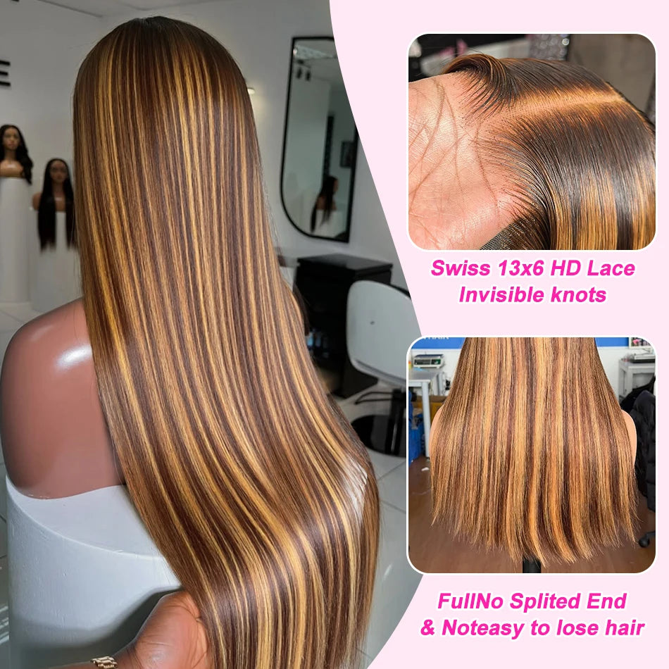 30 32 Inch 13x4 13x6 HD Highlight Ombre Straight Human Hair Wigs Honey Blonde Bone Straight Lace Front Human Hair Wig For Women