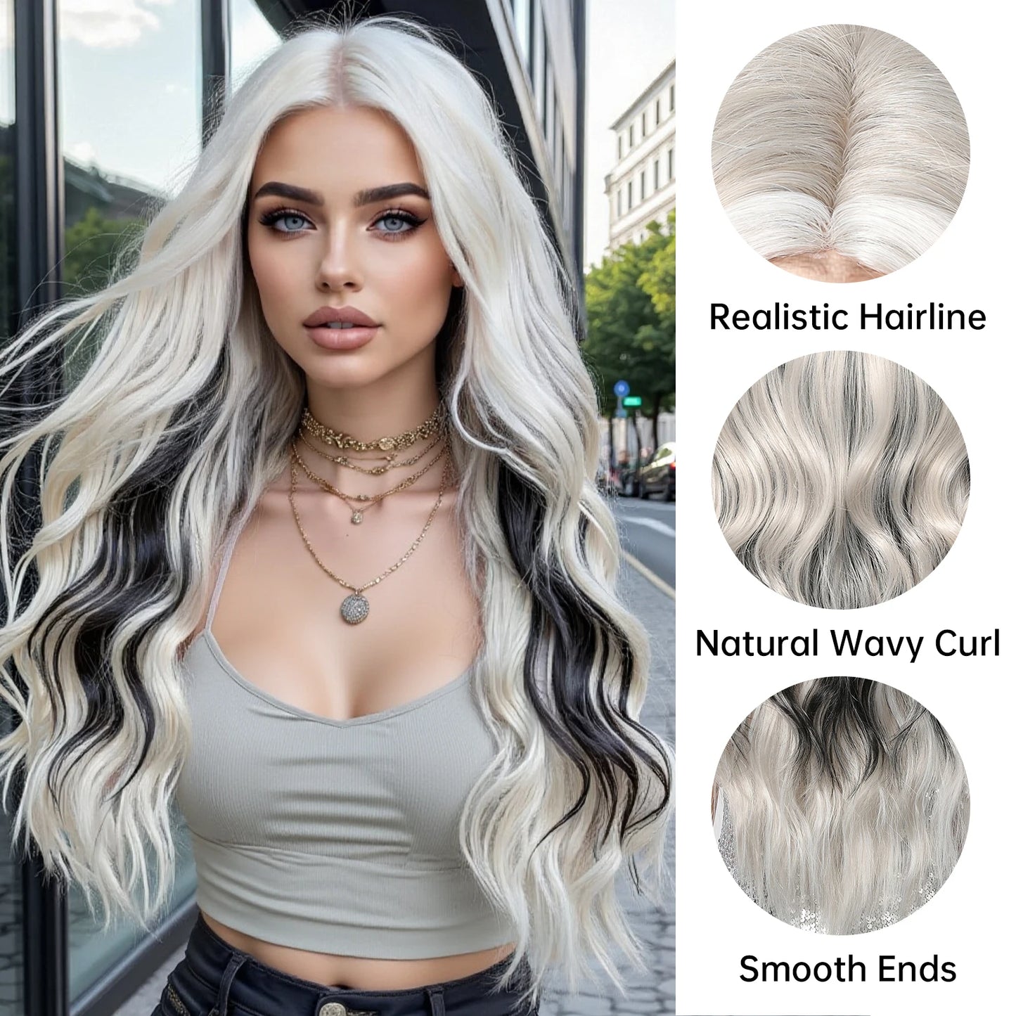 Super Long Wavy White Mixd Black Synthetic Wig Medium Part Water Wave Wigs For Women Daily Cosplay Halloween Colorfull Fake Hair