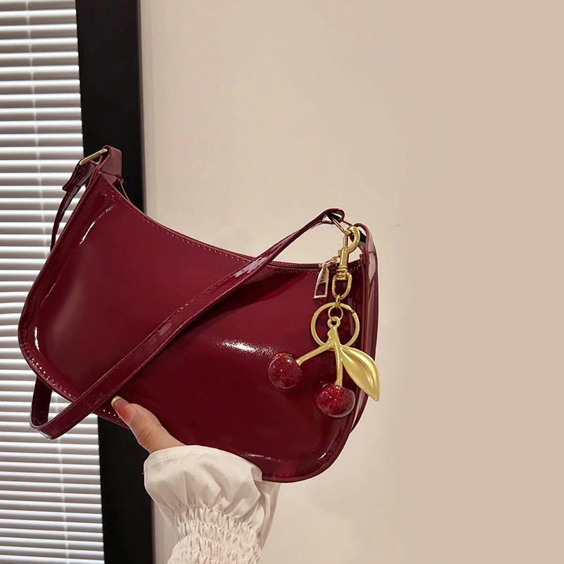Vintage Retro Shoulder Bag for Women PU Leather Underarm Crossbody Ladies Casual Handbag Purse with Cherry Pendant