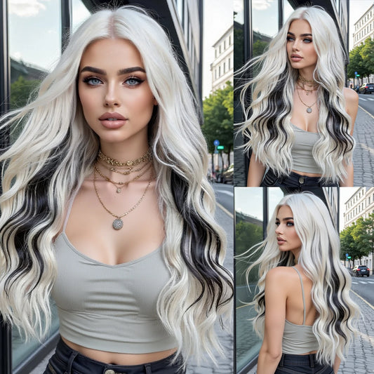 Super Long Wavy White Mixd Black Synthetic Wig Medium Part Water Wave Wigs For Women Daily Cosplay Halloween Colorfull Fake Hair