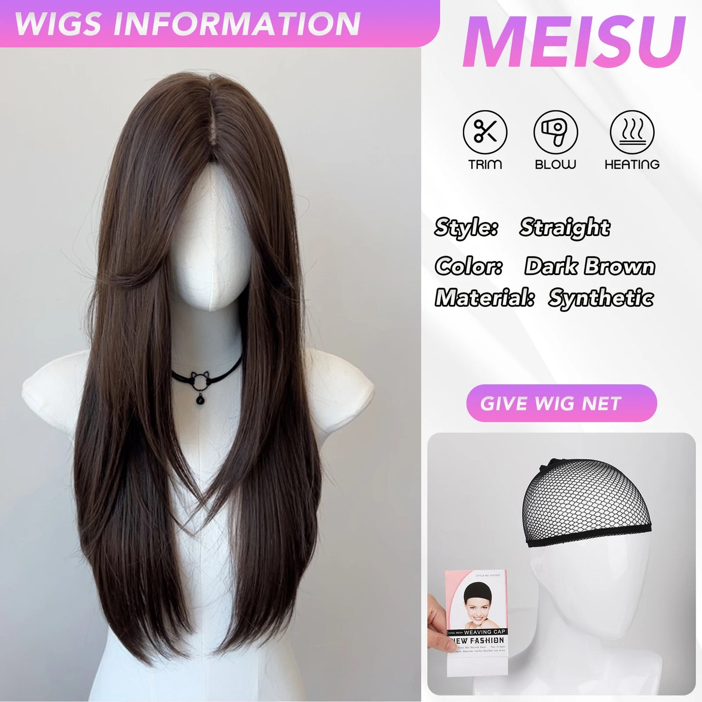 MEISU 24-26 Inch Dark Brown Straight Synthetic Wig  Heat-Resistant Natural Smooth Hair Stylish Party Bangs Wigs For Women