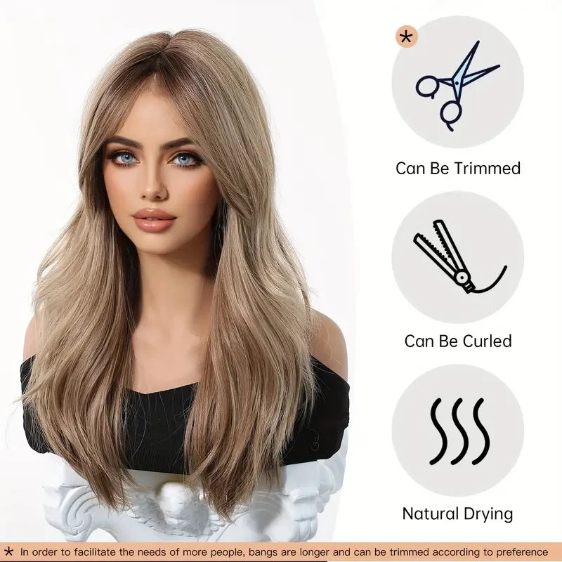 Elegant Curly Wave Ash Blonde Wig Synthetic Hair with Bangs Long Women Party Cospaly Wig 100% Tang Long  Heat Resistant Fiber