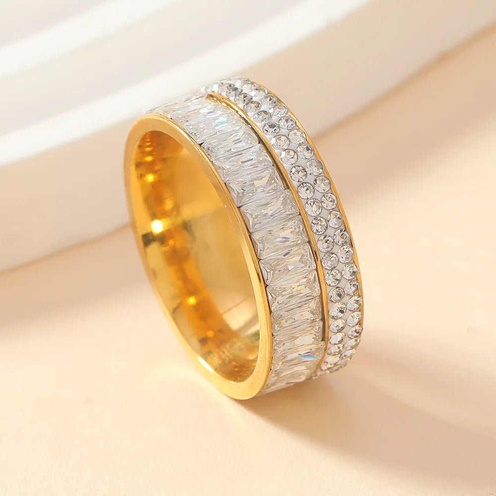 8MM Luxury Zircon Stainless Steel Finger Ring For Women 2025 New High Quality Anti-Fade Female Wedding Party Fashion Jewelry